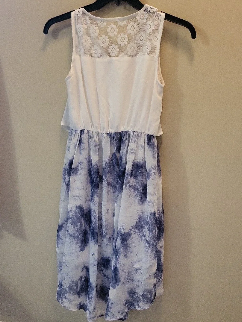 Girls White Lace & Blue Tie-Dye High-Low Casual Dress